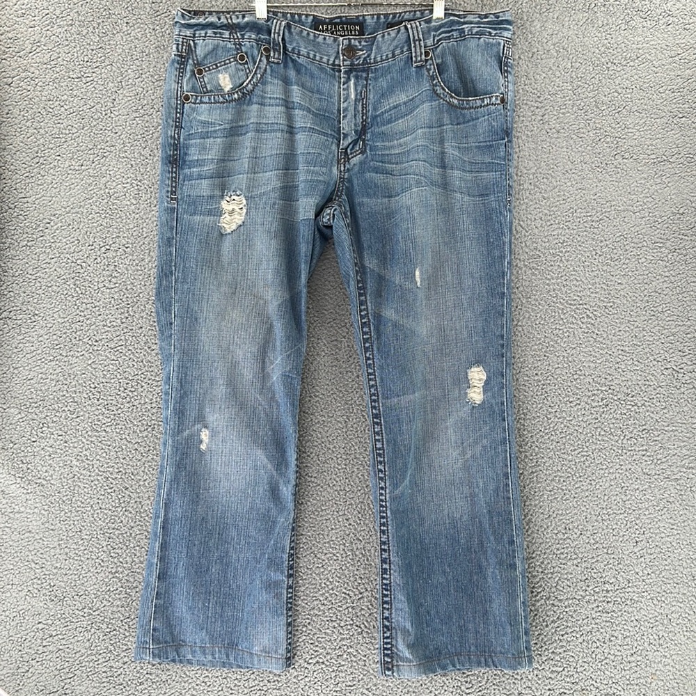 AFFLICTION LOS ANGELES Denim Jeans Mens 42x31 Flap Back Pocket Plain Jane